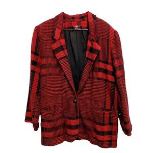 Vintage Claude Womens Blazer Jacket Size‎ 12 Red Plaid Wool One Button Academia